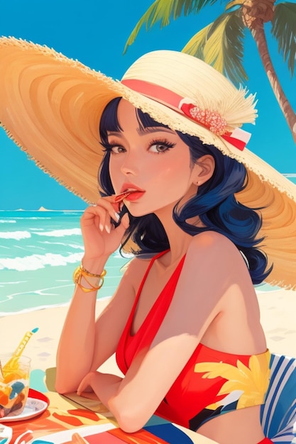 schöne Frau mit Hut, Strandpalmen, die Kaviar essen, Porträt