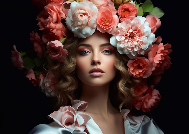 Foto schöne frau mit make-up und frisur mit blütenblumen mode schönheit porträtai generative