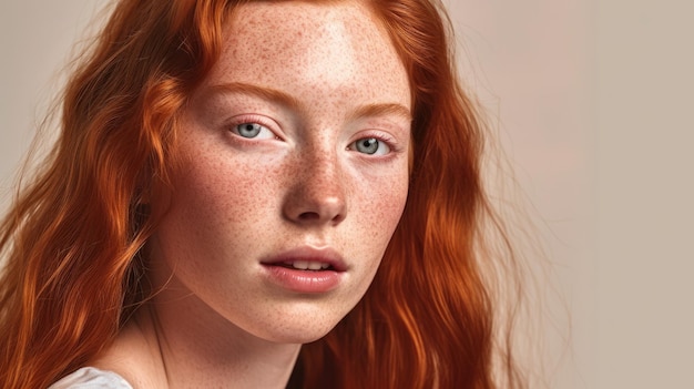 Schöne Frau mit orangefarbenen Haaren und einem freckligen Gesicht