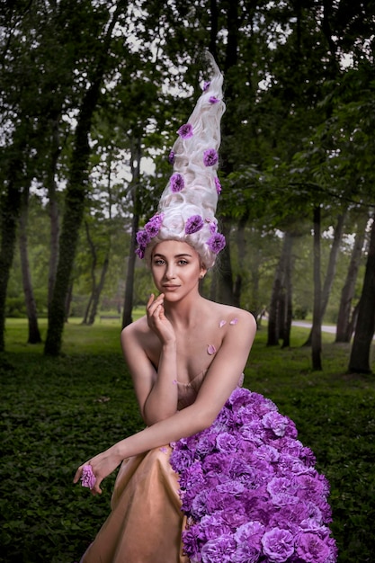 Schöne Frau mit Rosenkleid im Efeuwald