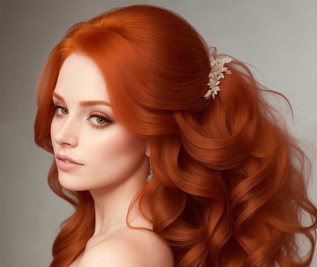 schöne Frau mit roten Haaren posiert für Werbung für Haarpflegekosmetik