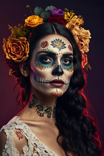 Schöne Frau mit Tag der Toten Make-up Vividcolor Hintergrund AI generiert