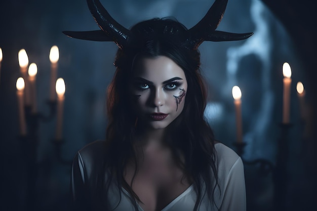 schöne Frau mit Teufelhörnen, dämonische Augen, die ein Halloween-Kostüm tragen, heimgesuchtes Haus im Hintergrund