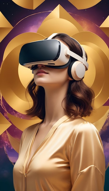 schöne Frau mit VR-Headset auf goldenen Harmonic und farbenfrohen Design abstrakten Collage