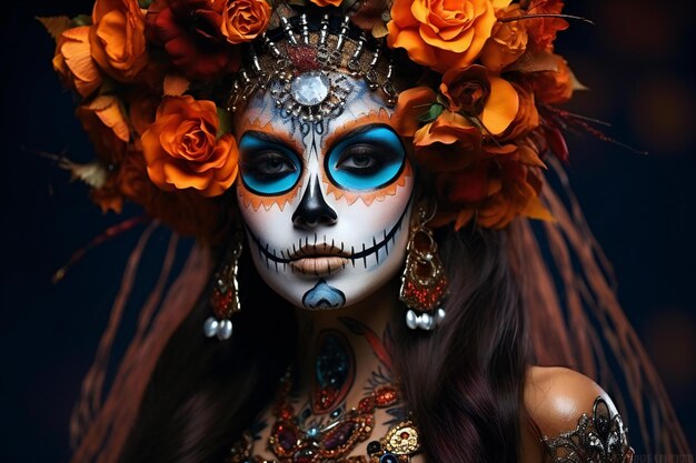 Schöne Frau mit Zucker Schädel Make-up Dia de los muertos Tag der Toten Halloween