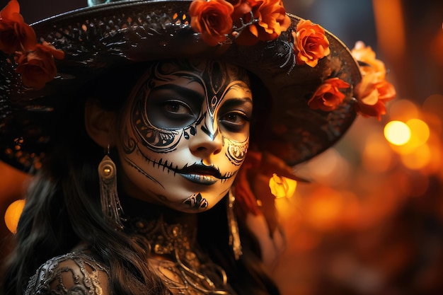 Schöne Frau tanzt mexikanisch für den Tag der Toten Perfekter wunderschöner Dia de Muertos Hintergrund erstellt mit generativer KI