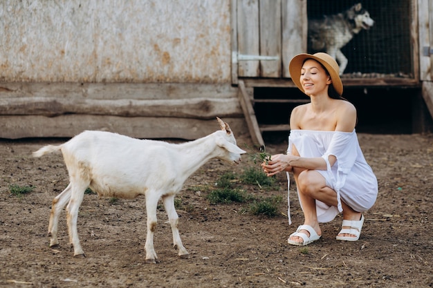 Schöne Frau und weißes Kleid und in einem beigen Hut unter Ziegen auf einer Öko-Farm