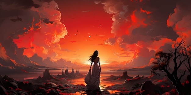 schöne Frauen, die einen Sonnenuntergang mit einem helleren, schönen roten Himmel, leichterem Licht, Illustration verbrennen mi