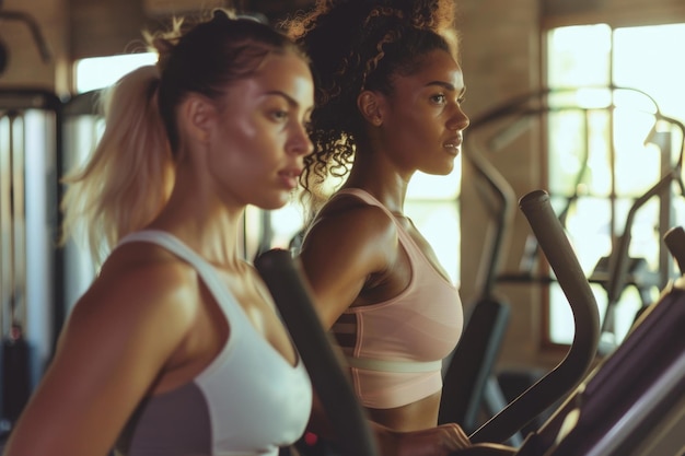 Schöne Frauen trainieren zusammen im Fitnessstudio