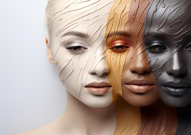 Schöne Frauengesichter, die aus Make-up-Foundation-Proben als kreatives Schönheitsporträt erstellt wurden