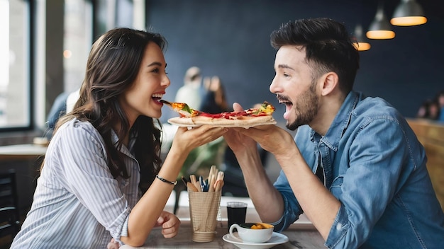 Schöne Freunde in einem Café, die eine Pizza essen