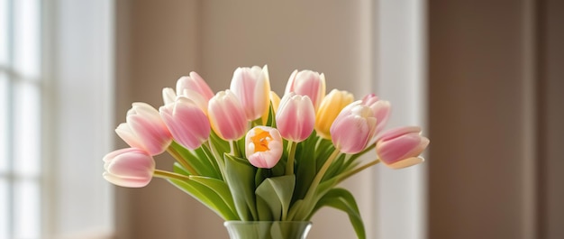 Schöne frische Frühlingsblumen Banner weiße Tulpen Bouquet in Glasvase in leichter zeitgenössischer Küche