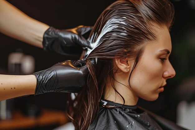 Schöne Frisur einer jungen Frau nach dem Färben der Haare und dem Herstellen von Highlights im Friseursalon