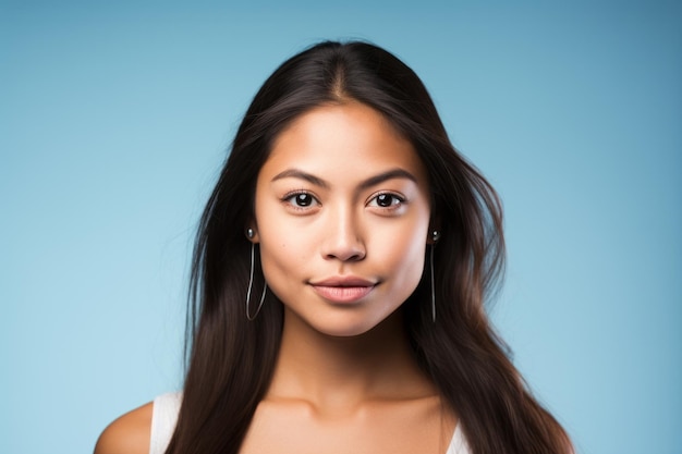 Foto schöne, fröhliche, vielfältige asiatische frau, die nach kosmetologischen eingriffen glücklich auf blauem studiohintergrund posiert