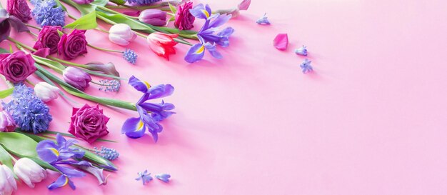 schöne Frühlingsblumen auf rosa Papierhintergrund