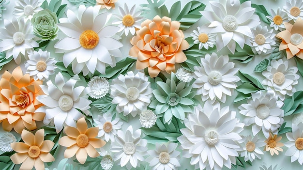Schöne Frühlingsblumen aus weißem und orangefarbenem Papier sind auf einem weißen und blauen Hintergrund abgebildet