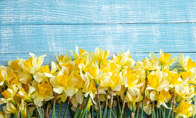 Schöne Frühlingsblumen und auf einem blauen Holztisch. Das Konzept des Frühlings.