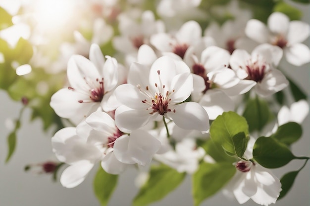 Schöne Frühlingsblumen und Blätter auf weißem Hintergrund mit negativem Raum, erzeugt von KI