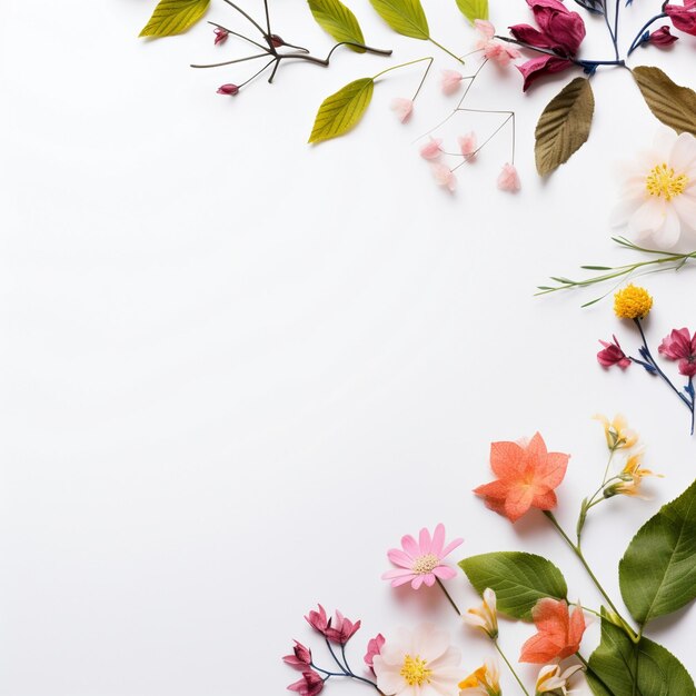 Schöne Frühlingsblumen und Blätter auf weißem Hintergrund mit negativem Raum