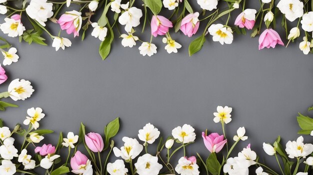 Schöne Frühlingsblumen und Blätter auf weißem Hintergrund mit negativem Raum