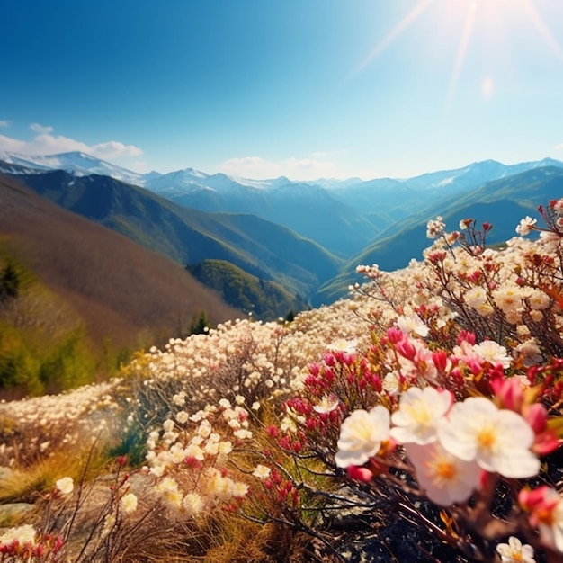 Schöne Frühlingsblumenblüte mit Berg und blauem Himmel