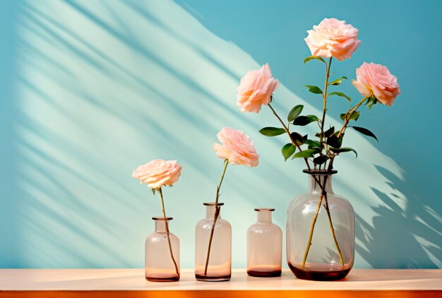 Foto schöne frühlingsrosa blumen in einer vase auf dem tisch in der nähe einer blauen wand blumen-hintergrund-postkarte
