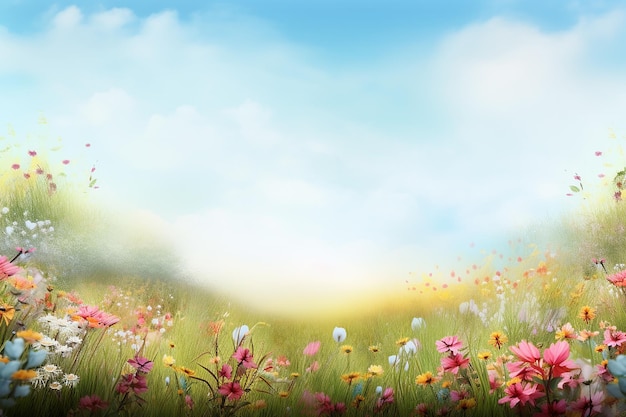 Schöne Frühlingssommerlandschaft mit bunten Wildblumen und blauem Himmel Generative KI