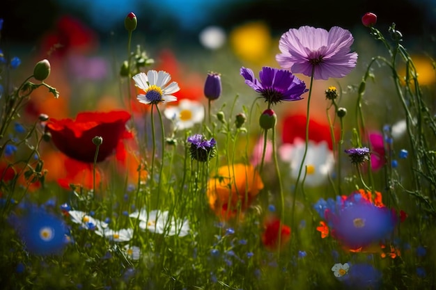 Schöne Frühlingswiese mit bunten Blumen