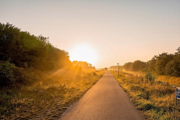 Schöne Fußgängerstraße bei Sonnenaufgang. Natur Sonnenaufgang Licht am frühen Morgen.