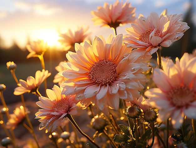 Schöne Gänseblümchen im Hintergrund des Sonnenuntergangs Generative KI