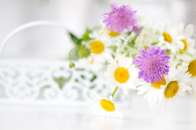 Foto schöne gänseblümchen und andere blumen auf einem weißen tisch.