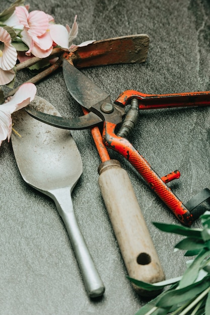 Schöne Gartenblumen und Gartengeräte auf Shabby Chic Hintergrund