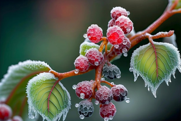 Schöne gefrorene Beeren auf Zweig mit grünen Blättern