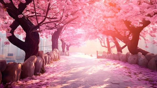 schöne Gehstraße mit rosa Sakura