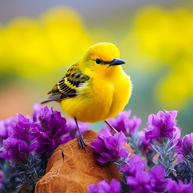 Schöne gelbe Warbler sitzt in einem kontrastierenden, leuchtend rosa blühenden Sträucher