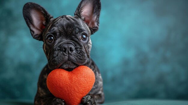 Schöne Geliebte Valentine Französisch Bulldog Welpe Hund liegt mit einem roten Herz isoliert auf blauem Hintergrund