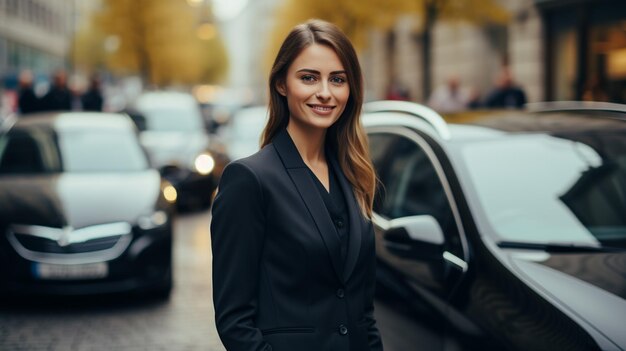 Schöne Geschäftsfrau auf einer Straße in der modernen Stadt. Eleganz und Erfolg. Hochwertiges Foto