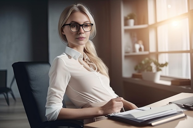 Schöne Geschäftsfrau mit Brille, die am Arbeitsplatz im Büro sitzt Generative KI