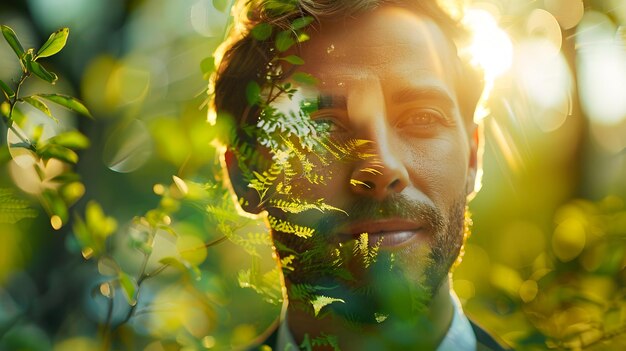 Foto schöne geschäftsmann doppelbelichtung mit eco evolution eine zeitleiste grüner meilensteine im geschäft wi