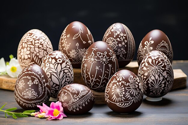 Schöne geschmückte Ostereier mit Schokoladenhase