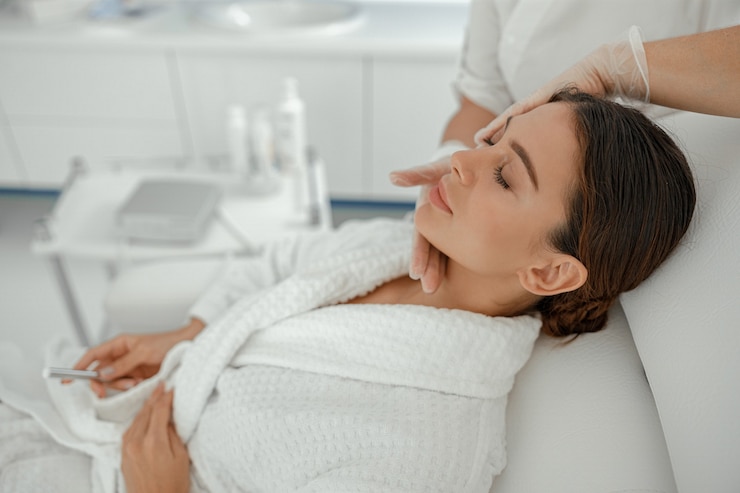 Foto schöne gesunde lächelnde kaukasische frau macht schönheitsbehandlungen im spa- und gesundheitssalon