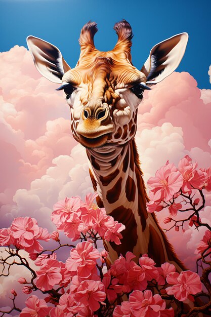 Schöne Giraffe auf einem Hintergrund von rosa Wolken und blauem Himmel