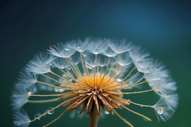 Schöne glänzende Tau-Wassertropfen auf Löwenzahn-Samen in der Natur Makro Weich selektiver Fokus funkelndes Bokeh Dunkelblau-Grünen Hintergrund