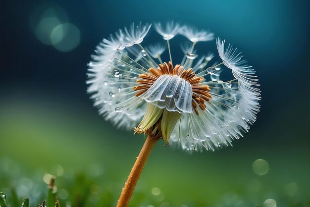 Schöne glänzende Tau-Wassertropfen auf Löwenzahn-Samen in der Natur Makro Weich selektiver Fokus funkelndes Bokeh Dunkelblau-Grünen Hintergrund