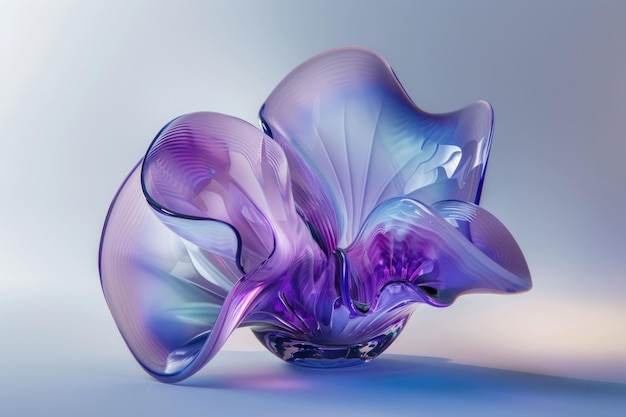 Schöne Glasvase mit purpur- und blauem Blumenarrangement in abstrakter Blumenform