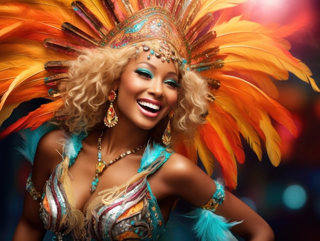 Schöne glückliche blonde Frau Karnevalskostüm Karneval Brasilien helle Farben