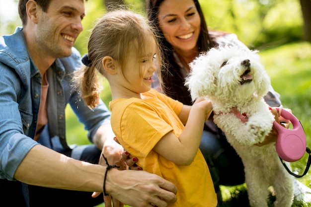 Schöne glückliche Familie hat Spaß mit maltesischem Hund im Freien