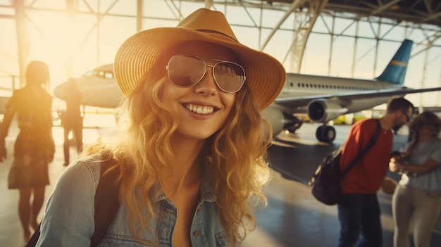 Foto schöne, glückliche frau macht ein selfie am flughafen vor dem flugzeug menschen, die an bord gehen, ferienkonzept bild von urlaubsreisen