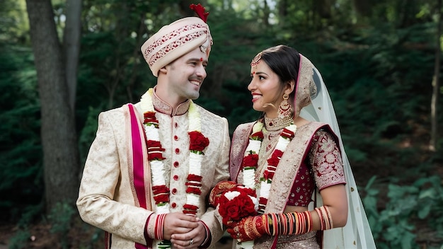 Schöne glückliche indische Braut und Bräutigam tragen Sari Sherwani und Hochzeitsschmuck