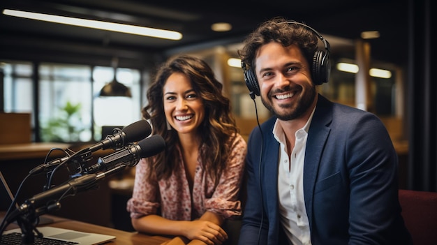 Schöne, glückliche junge Radiomoderatorin sendet im Studio mit Computer und Kopfhörern